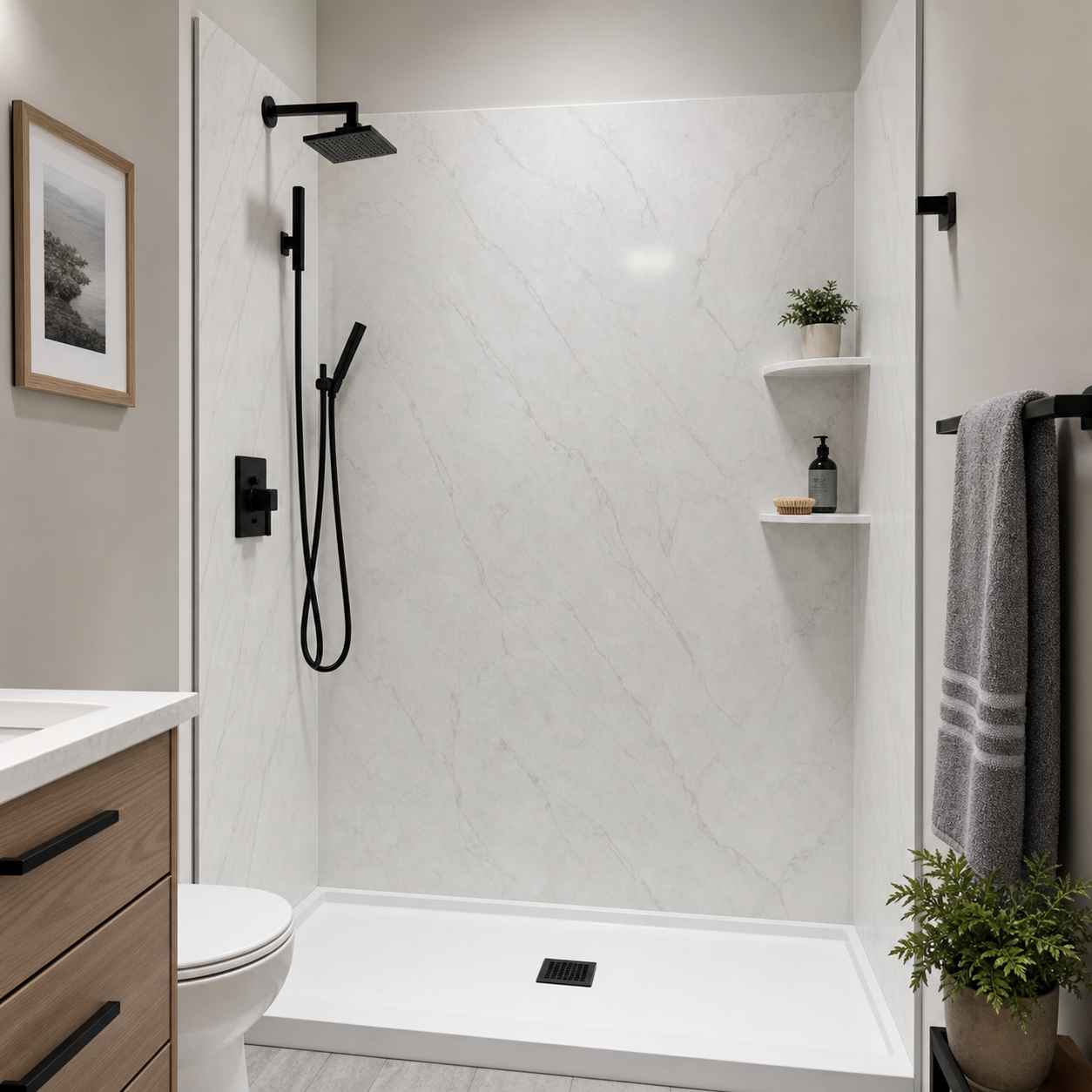 Walk-in shower with low threshold and grab bar