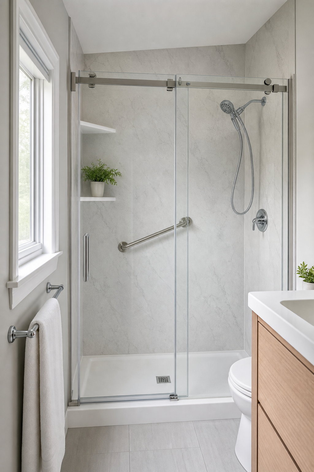 Modern walk-in shower with black fixtures and shelves