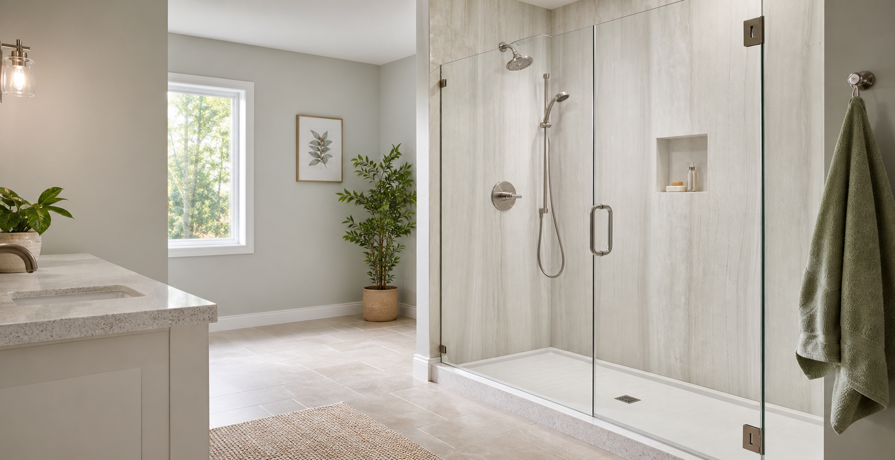 Bright bathroom with a newly installed walk-in shower